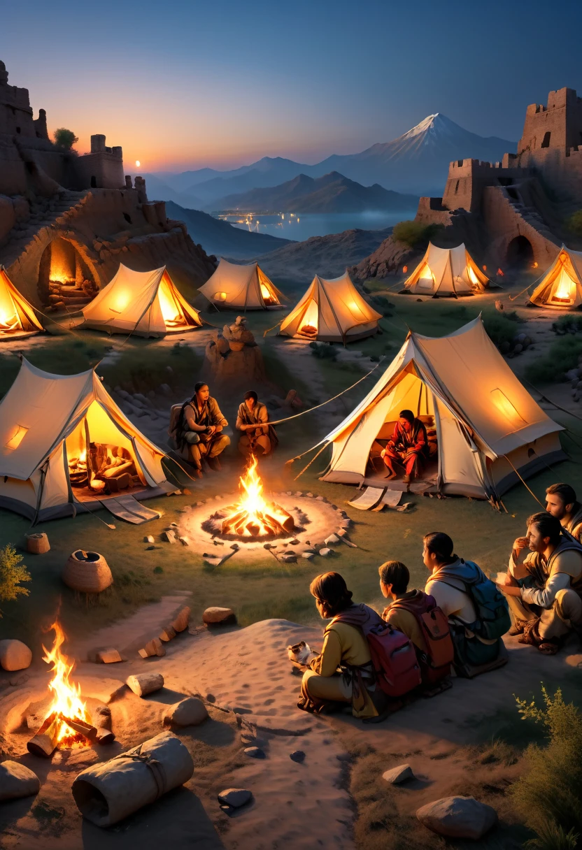 Exploration Camps for Historic Sites, Beside the ruins of ancient civilizations, tents are neatly arranged, and explorers discuss the mysteries of history by the campfire. In the quiet of the night, it seems like one can hear the echoes of ancient times, (masterpiece, best quality, Professional, perfect composition, very aesthetic, absurdres, ultra-detailed, intricate details:1.3)