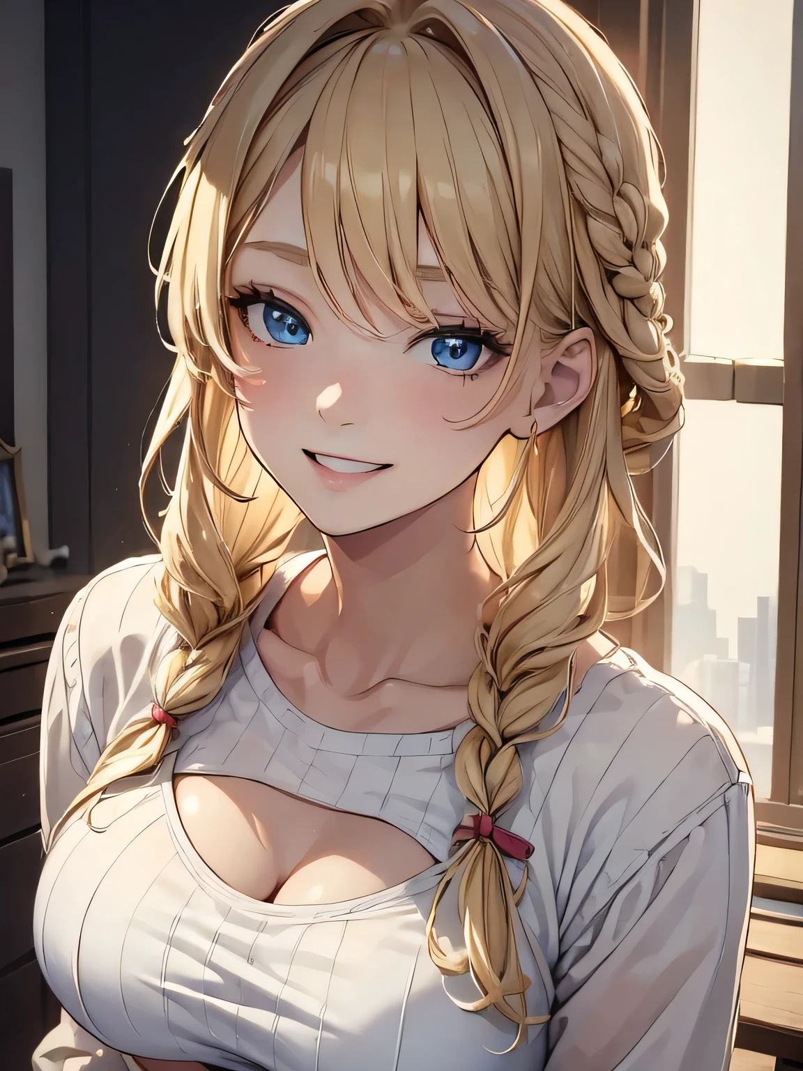 (masterpiece, best quality:1.4), 8k, Close Up, Light Blonde Hair, Short braided Hair, Young adult, anime girl, Smiling, Happy, light blue Eyes, Big Chest, White Crop top, Beige Sweater (detailed eyes and face, sharp pupils, realistic pupils:0.6)