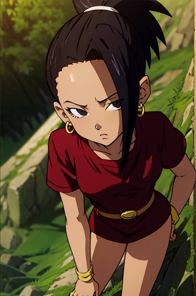 (masterpiece), best quality, expressive eyes, perfect face,artwork, best quality, Kale, black eyes, ponytail, top cut, armband, red skirt, torso, standing, looking at viewer, nervous, from above, close up Light brown girl, black hair, shy look,, heat, in love, looking at the viewer, full HD,High quality,akira toryama style,tanned girl,fabulous graphics,nsfw , hentai,