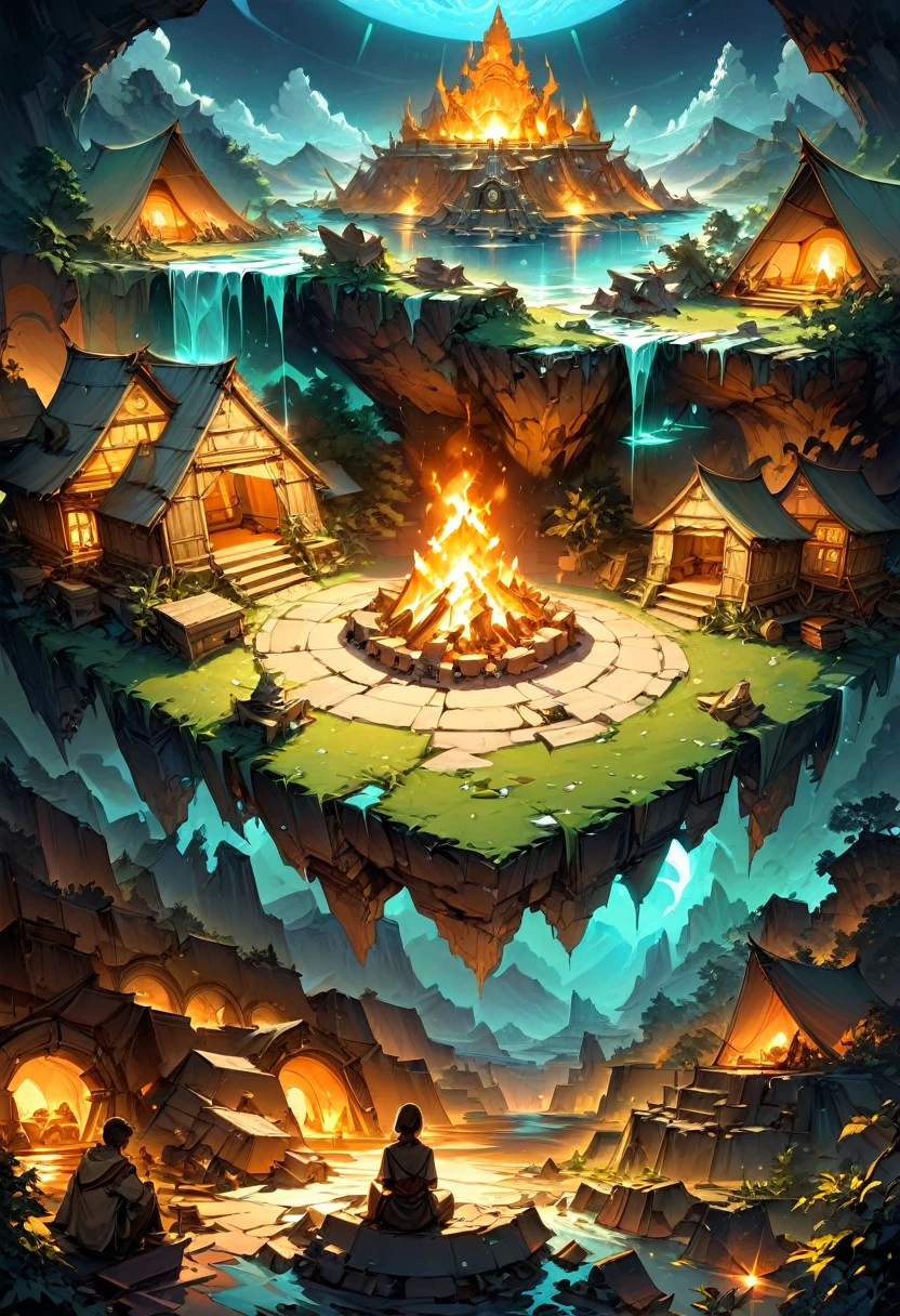 Exploration Camps for Historic Sites, Beside the ruins of ancient civilizations, tents are neatly arranged, and explorers discuss the mysteries of history by the campfire. In the quiet of the night, it seems like one can hear the echoes of ancient times, (masterpiece, best quality, Professional, perfect composition, very aesthetic, absurdres, ultra-detailed, intricate details:1.3)