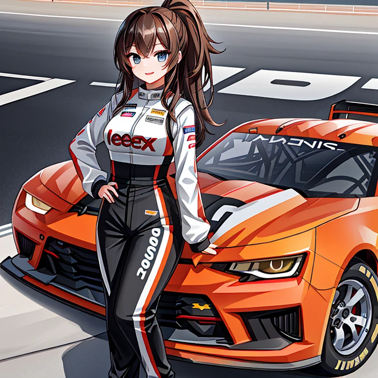 A female NASCAR driver, standing with her (Camaro Nascar with a Red and Black color scheme) behind her. She has (Long Dark-Brown Hair), (Big Beautiful Blue Eyes), (Extra Wide hips), and extremely big breasts. She’s holding her hips with a victorious and happy expression. with a race stadium in the background. Her race-suit has a Red and Black color scheme, with a few tiny flame patterns in orange. (((Best Quality))), (((Best Resolution))), ((1girl)), (((Perfect Anatomy))), (High Accuracy), ((Best Detail)),