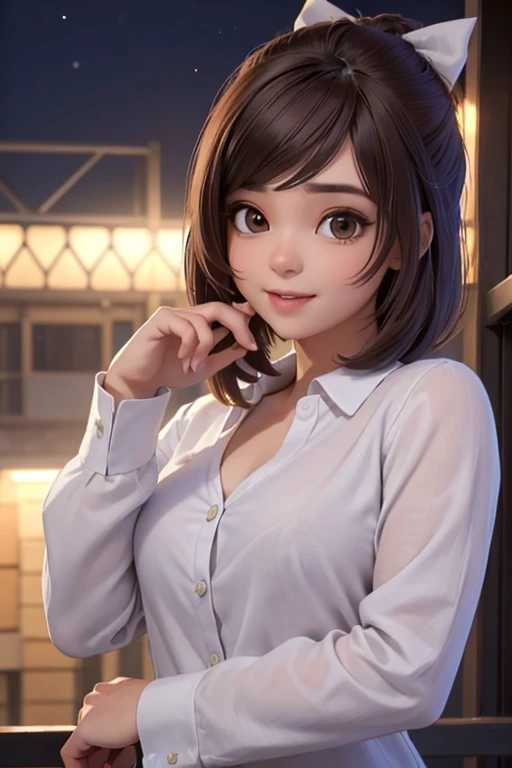 (8K, melhor qualidade, Obra de arte: 1.2), (realista, Fotorrealista: 1.37), Super detalhado, 1 garota, bonitinho, sozinho, beautiful detailed sky, Detailed coffee, noite, sentado, data, ( nariz corado), (sorriso: 1.15), (feche a boca) Seios pequenos, Lindos detalhes, (camisa de colarinho: 1.1), noite, molhado, business wear, chuva, white bow, (cabelo curto: 1.2), Cabelo flutuante NovaFrogStyle,
