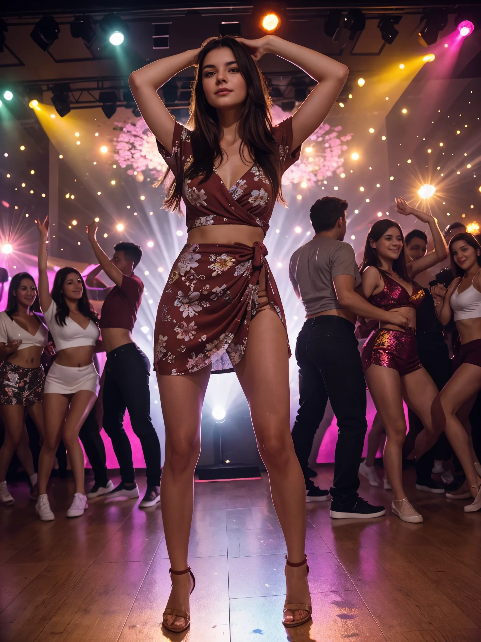 generated a full body of a 21 years old young white woman with dark brown hair, shirt woman, dancing in the middle of the dancefloor with others people, wear summer short sleeve v-neck floral wrap waist casual maroon dress, A vibrant discotheque filled with dancing, a spectacular birthday cake sparkling under the disco lights.