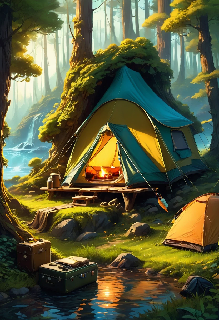 Outdoor Camping, by Cyril Rolando, best quality, masterpiece, very aesthetic, perfect composition, intricate details, ultra-detailed