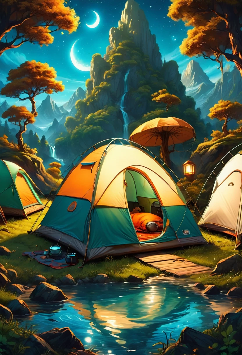 Outdoor Camping, by Cyril Rolando, best quality, masterpiece, very aesthetic, perfect composition, intricate details, ultra-detailed
