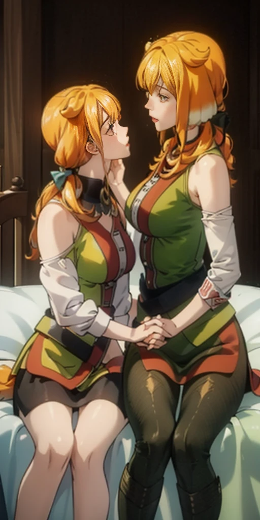 masterpiece, best quality, SelvariaBkess kiss Roxanne Demikin flyffy dog ears, 2girlskiss, kissing each other, red bennie, sitting full body on bed clenched fists hands on waist, strong abs