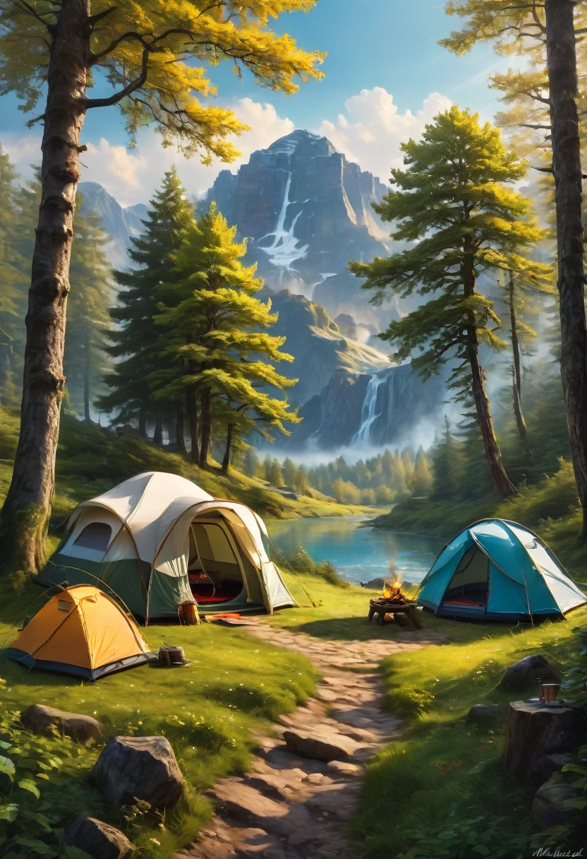 Outdoor Camping, by Michal Kváč, best quality, masterpiece, very aesthetic, perfect composition, intricate details, ultra-detailed
