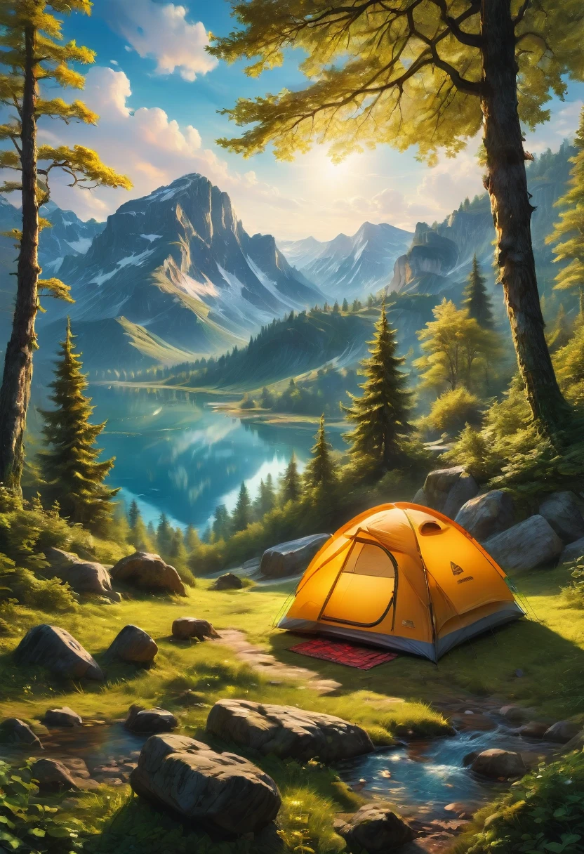 Outdoor Camping, by Michal Kváč, best quality, masterpiece, very aesthetic, perfect composition, intricate details, ultra-detailed