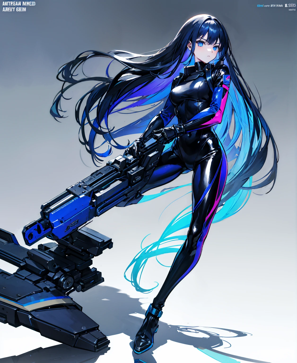 There is no background，girl，Carry a firearm，Patent leather tight suit，Use of firearms，Navy blue long hair，attention arousal，Blue colored eyes,No gradients