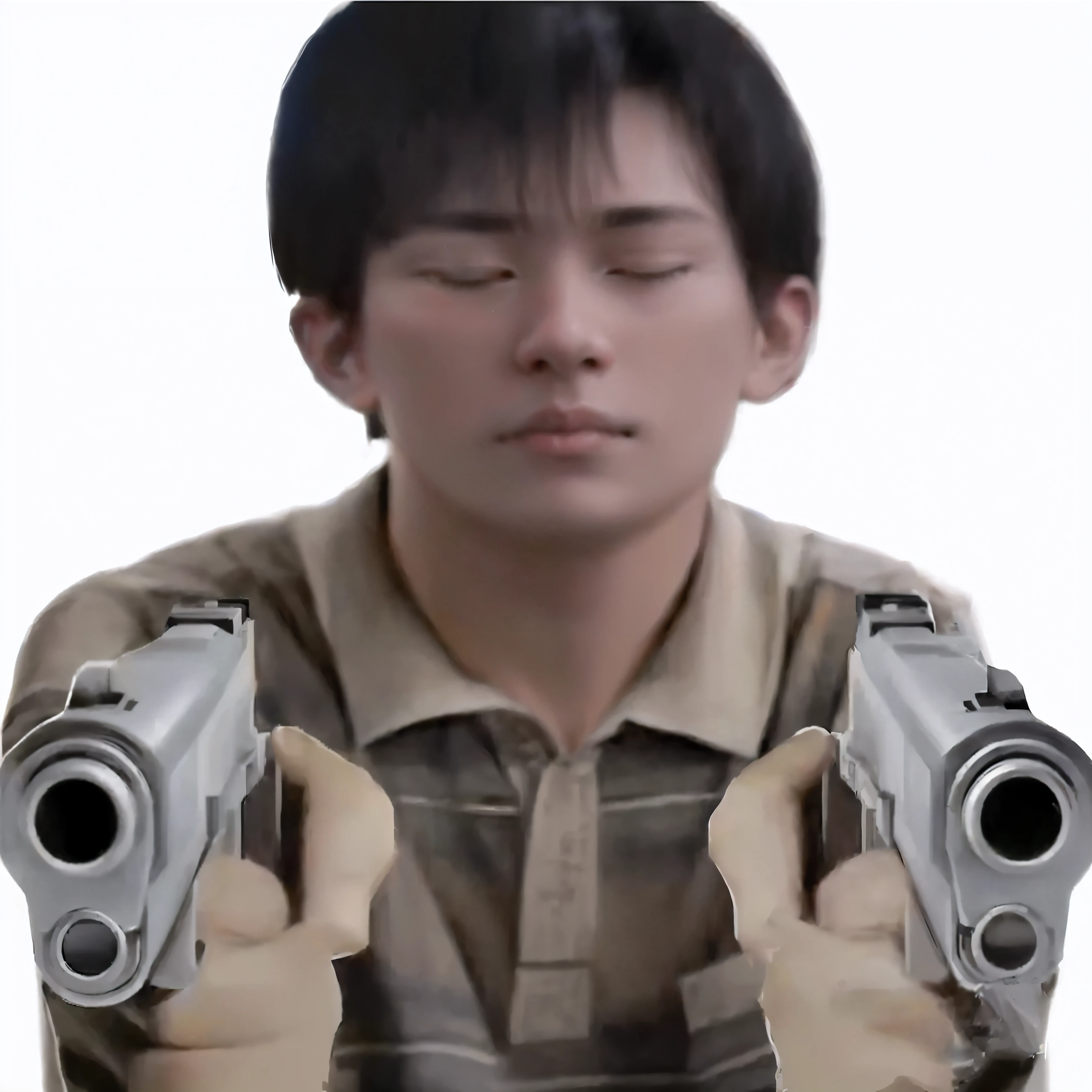 There's a guy with two guns in his hands, With a revolver, With a pistol, Holding a gun, Sakuga Crazy Shootout, he has a pistol, Japan CGI, Holding a pistol, With a revolver, Dramatic Holding a Gun pose, One hand holding a bolt pistol, meme template, he has a pistol!!, Dual wielding large revolvers, Holding a pistol