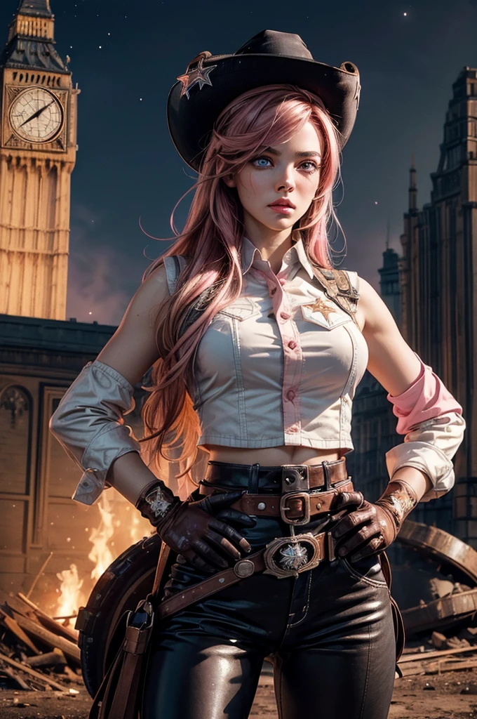 (masterpiece,stunning girlfriend, (standing:1.1), dynamic pose, heart shaped face, elegant face, beautiful face, highly detailed face, highly detailed skin, skin pores, subsurface scattering, realistic pupils, looking at viewer, full lips, detailed background, depth of field, atmospheric perspective, volumetric lighting, sharp focus, absurdres, realistic proportions, good anatomy, (realistic, hyperrealistic:1.4), 16k hdr,  neopolitan, neopolitan, long hair, brown hair, (brown eyes:1.3), brown eyes, pink eyes, (heterochromia:1.2), ((two-tone hair, split-color hair, pink hair, brown hair, multicolored hair)), BREAK gloves, hat, navel, detached sleeves, midriff, belt, pants, white gloves, black headwear, bowler hat, hands on hips, BREAK outdoors, night, stars, moon, post-apocalypse, dystopian future, london in ruins, big ben, crowd, (crowd in military uniforms), bonfires, BREAK looking at viewer, (cowboy shot:1.5), BREAK (masterpiece:1.2), best quality, high resolution, unity 8k wallpaper, (illustration:0.8), (beautiful detailed eyes:1.6), extremely detailed face, perfect lighting, extremely detailed CG, (perfect hands, perfect anatomy)