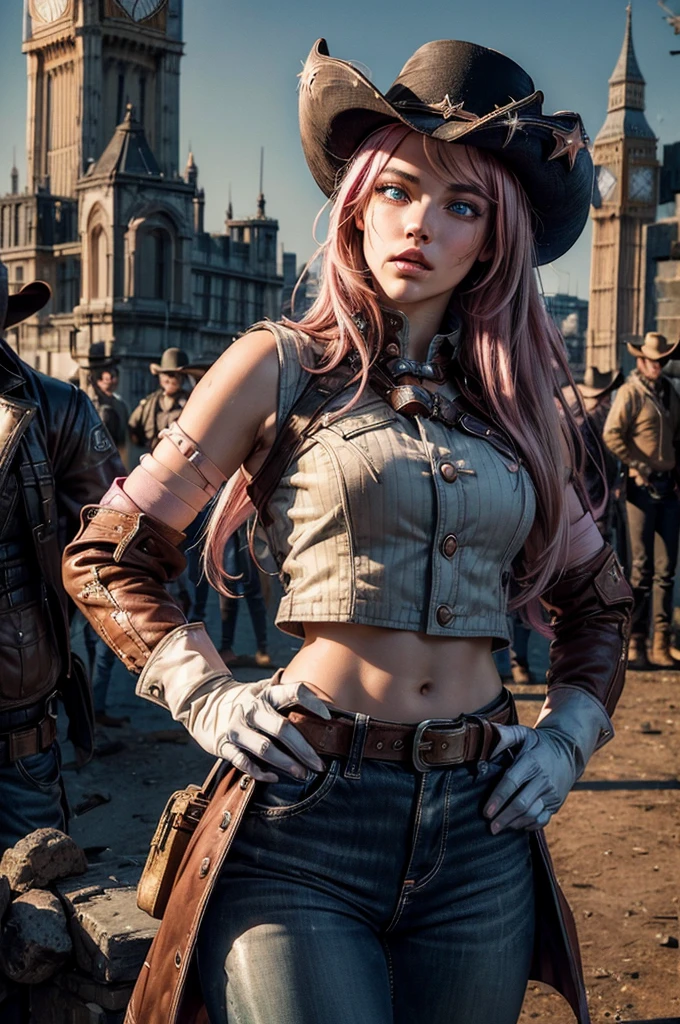 (masterpiece,stunning girlfriend, (standing:1.1), dynamic pose, heart shaped face, elegant face, beautiful face, highly detailed face, highly detailed skin, skin pores, subsurface scattering, realistic pupils, looking at viewer, full lips, detailed background, depth of field, atmospheric perspective, volumetric lighting, sharp focus, absurdres, realistic proportions, good anatomy, (realistic, hyperrealistic:1.4), 16k hdr, neopolitan, neopolitan, long hair, brown hair, (brown eyes:1.3), brown eyes, pink eyes, (heterochromia:1.2), ((two-tone hair, split-color hair, pink hair, brown hair, multicolored hair)), BREAK gloves, hat, navel, detached sleeves, midriff, belt, pants, white gloves, black headwear, bowler hat, hands on hips, BREAK outdoors, night, stars, moon, post-apocalypse, dystopian future, london in ruins, big ben, crowd, (crowd in military uniforms), bonfires, BREAK looking at viewer, (cowboy shot:1.5), BREAK (masterpiece:1.2), best quality, high resolution, unity 8k wallpaper, (illustration:0.8), (beautiful detailed eyes:1.6), extremely detailed face, perfect lighting, extremely detailed CG, (perfect hands, perfect anatomy)