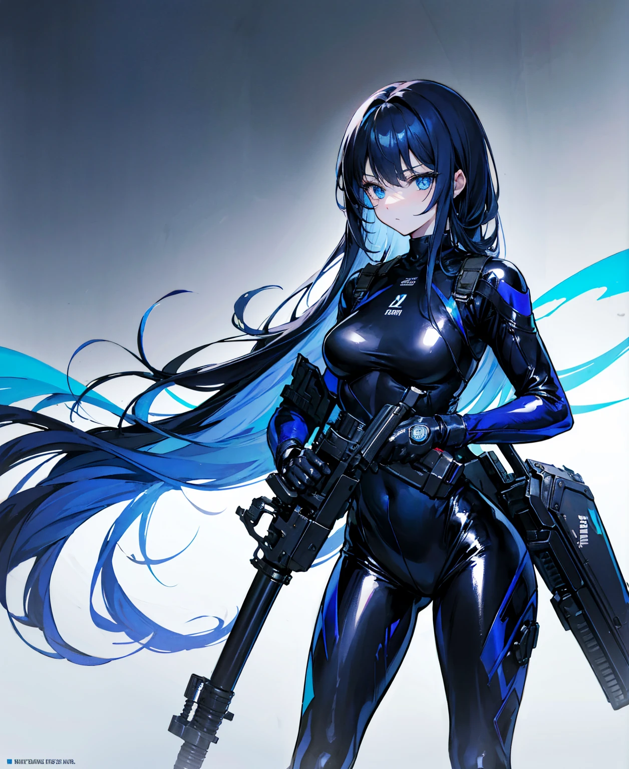 There is no background,girl,Carry a firearm,Patent leather tight suit,Use of firearms,Navy blue long hair,attention arousal,Blue colored eyes,No gradients