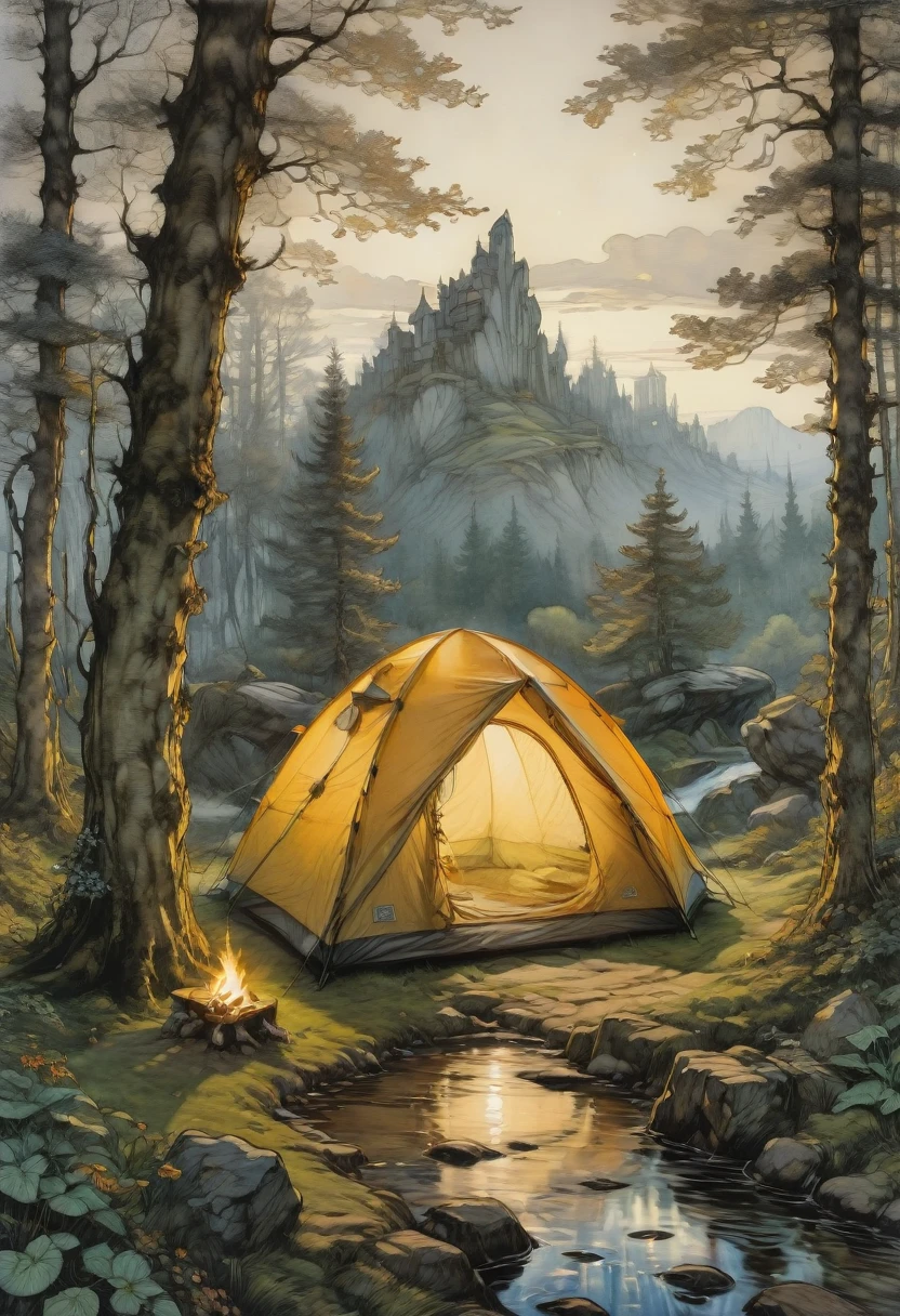 Outdoor Camping, by Arthur Rackham, best quality, masterpiece, very aesthetic, perfect composition, intricate details, ultra-detailed