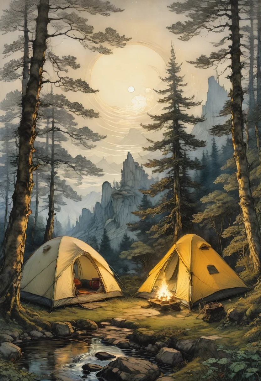 Outdoor Camping, by Arthur Rackham, best quality, masterpiece, very aesthetic, perfect composition, intricate details, ultra-detailed