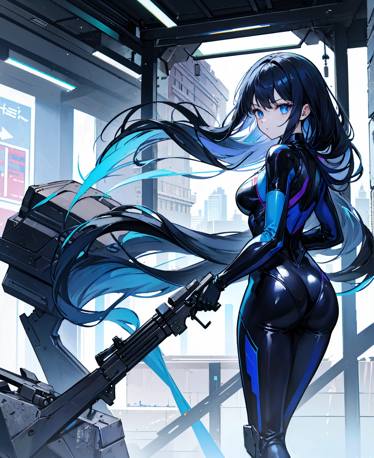 There is no background,girl,Carry a firearm,Patent leather tight suit,Use of firearms,Navy blue long hair,attention arousal,Blue colored eyes,No gradients