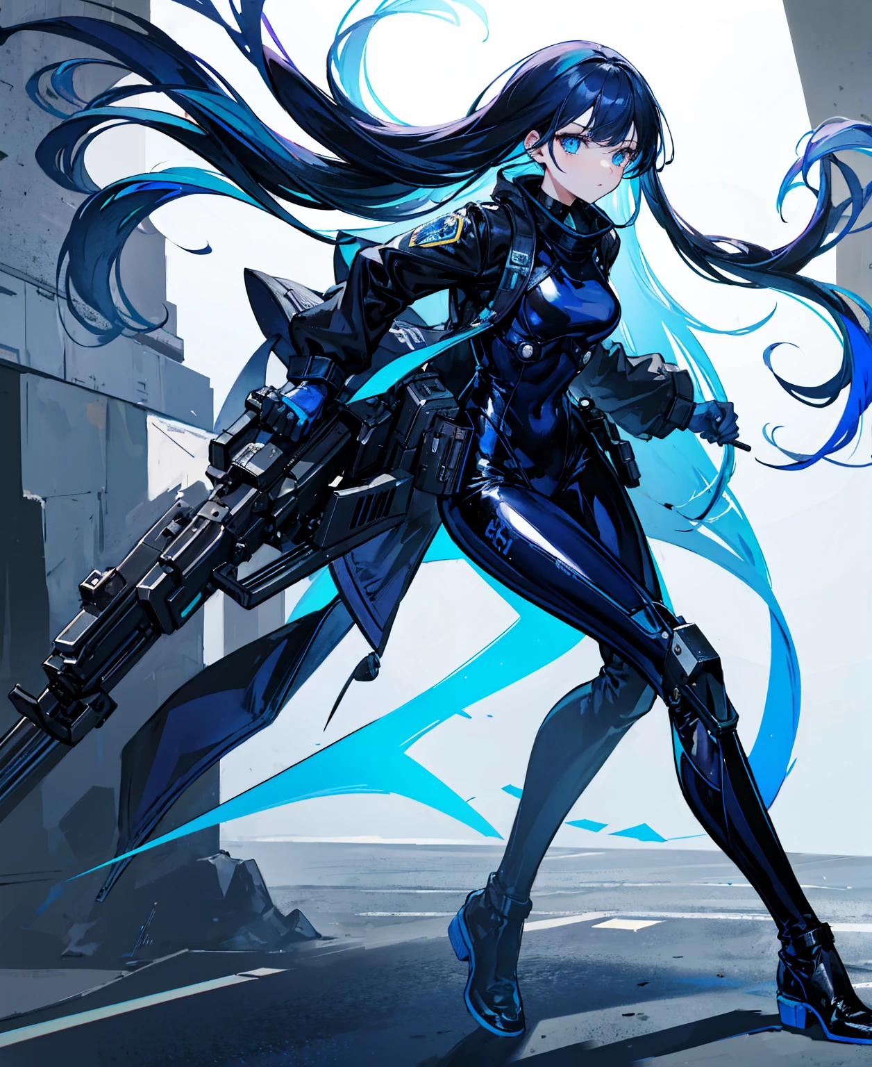 There is no background，girl，Carry a firearm，Patent leather tight suit，Use of firearms，Navy blue long hair，attention arousal，Blue colored eyes,No gradients