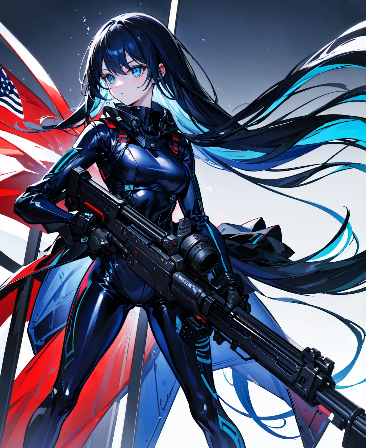 There is no background，girl，Carry a firearm，Patent leather tight suit，Use of firearms，Navy blue long hair，attention arousal，Blue colored eyes,No gradients