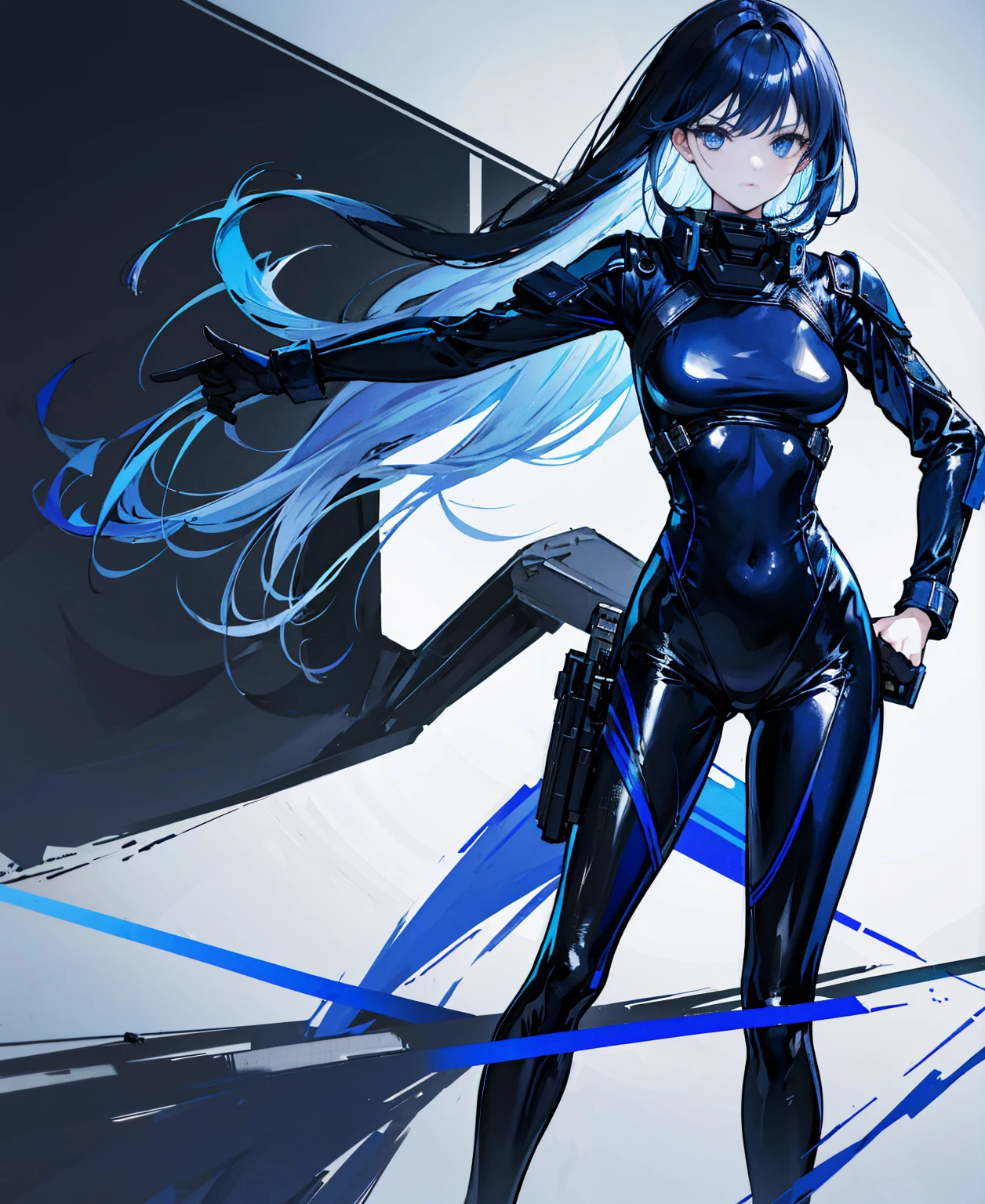There is no background，girl，Carry a firearm，Patent leather tight suit，Use of firearms，Navy blue long hair，attention arousal，Blue colored eyes,No gradients