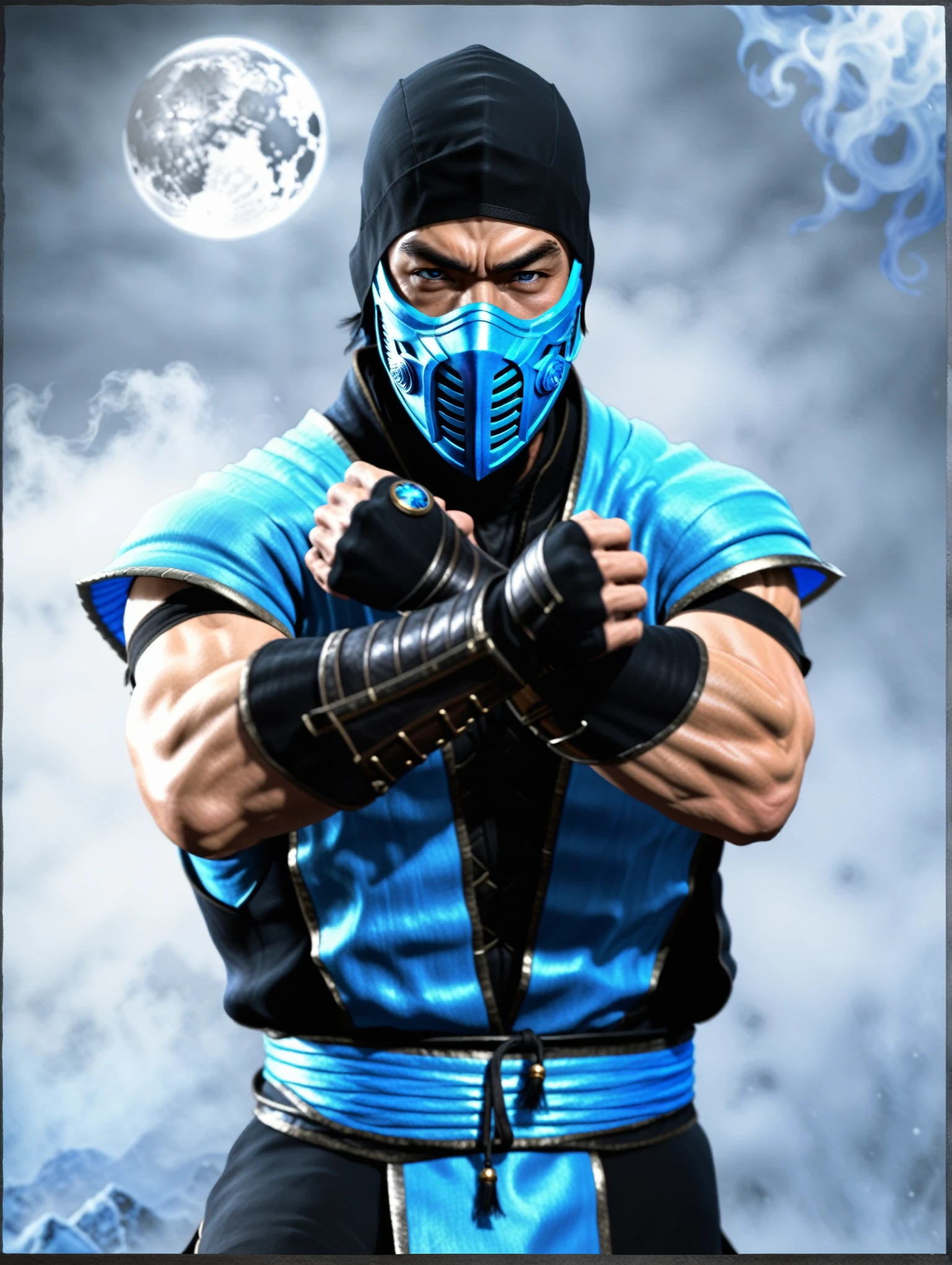Sub-Zero from Mortal Kombat in his traditional blue ninja outfit posing hyper detailed Ultra Realistic 1.4 UHD