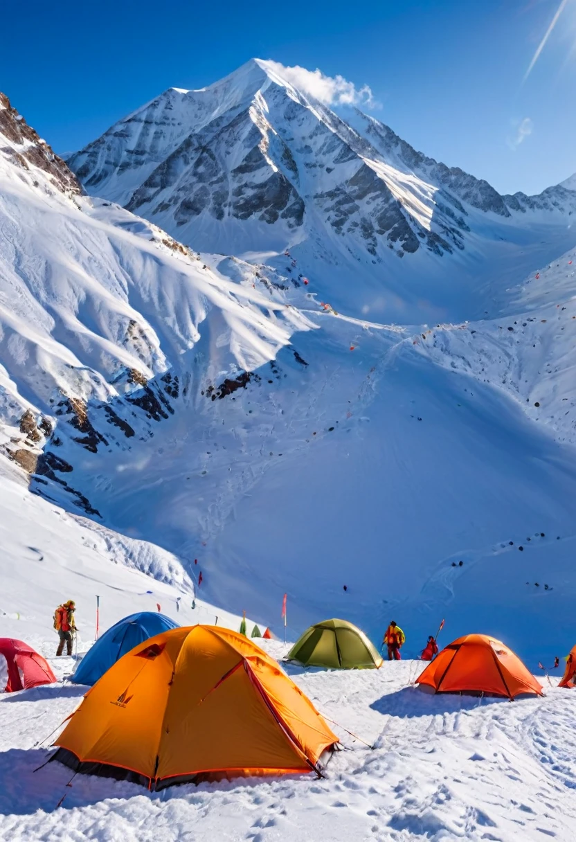 Ice and snow campsite at the foot of the snow capped mountain, In a snow-white world, colorful tents adorn it. Ski enthusiasts challenge the snow capped mountain during the day, and warm themselves by surrounding the stove at night, enjoying the warm time in the cold, (masterpiece, best quality, Professional, perfect composition, very aesthetic, absurdres, ultra-detailed, intricate details:1.3)