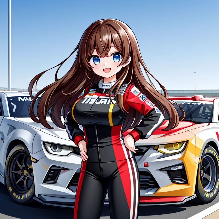 A female NASCAR driver, standing with her (Camaro Nascar with a Red and Black color scheme) behind her. She has (Long Dark-Brown Hair), (Big Beautiful Blue Eyes), huge hips, and extremely big breasts. She’s holding her hips with a victorious and happy expression. with a race stadium in the background. Her race-suit has a Red and Black color scheme.    (((Best Quality))), (((Best Resolution))), ((1girl)), (((Perfect Anatomy))), ((High Accuracy)), ((Best Detail)),