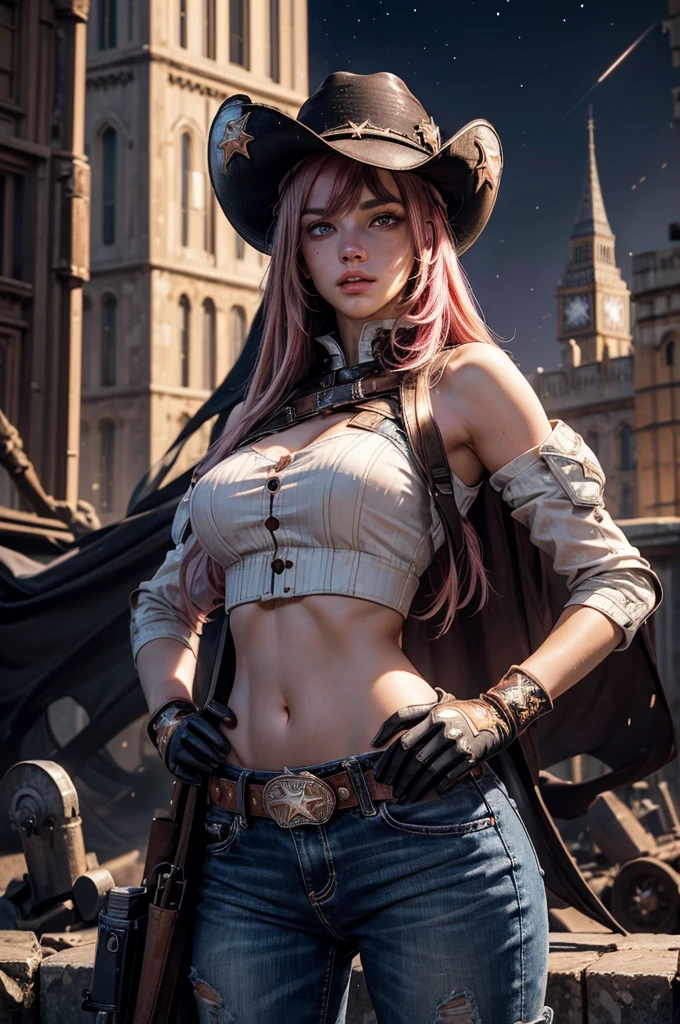 (masterpiece,stunning girlfriend, (standing:1.1), dynamic pose, heart shaped face, elegant face, beautiful face, highly detailed face, highly detailed skin, skin pores, subsurface scattering, realistic pupils, looking at viewer, full lips, detailed background, depth of field, atmospheric perspective, volumetric lighting, sharp focus, absurdres, realistic proportions, good anatomy, (realistic, hyperrealistic:1.4), 16k hdr,  neopolitan, neopolitan, long hair, brown hair, (brown eyes:1.3), brown eyes, pink eyes, (heterochromia:1.2), ((two-tone hair, split-color hair, pink hair, brown hair, multicolored hair)), BREAK gloves, hat, navel, detached sleeves, midriff, belt, pants, white gloves, black headwear, bowler hat, hands on hips, BREAK outdoors, night, stars, moon, post-apocalypse, dystopian future, london in ruins, big ben, crowd, (crowd in military uniforms), bonfires, BREAK looking at viewer, (cowboy shot:1.5), BREAK (masterpiece:1.2), best quality, high resolution, unity 8k wallpaper, (illustration:0.8), (beautiful detailed eyes:1.6), extremely detailed face, perfect lighting, extremely detailed CG, (perfect hands, perfect anatomy)