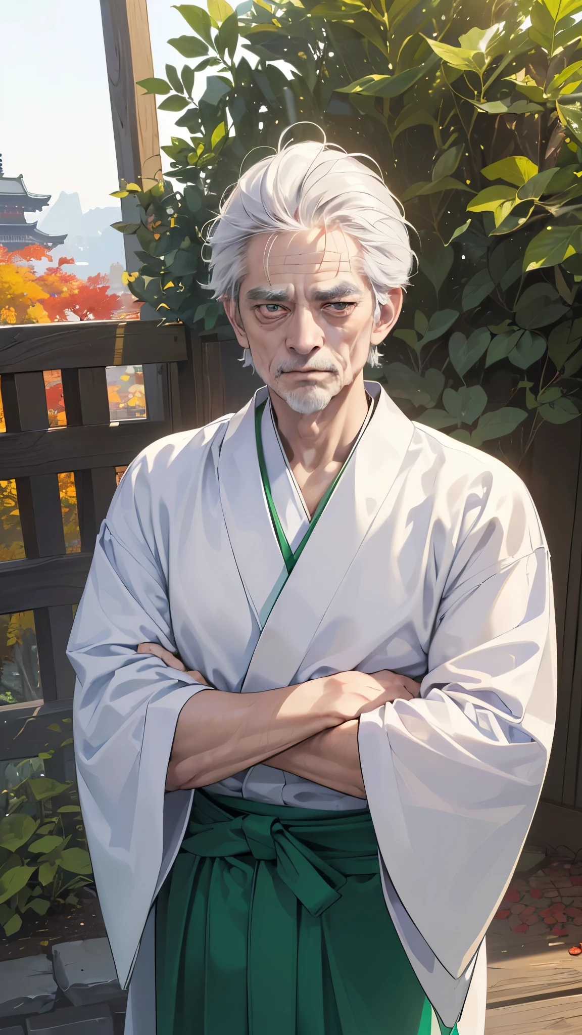 (perfect ???????:1.2)(absurdres, highres, ultra detailed),masterpiece,best quality,high resolution,8k,Realistic face,Realistic skin texture,magnified textures, stunning clarity,anime old man,(ultra detailed eyes and face),gray hair,very short hair,(65 years old) ,(old man:1.5),asian face,(ugly face:1.5),hook nose,slender eyes,(Sagging under the eyes:1.2),(grimace:1.5),(skinny man:1.3), short stature,white kimono,(green hakama:1.2),Egyptian Necklace、(Pompous attitude due to lack of self-confidence:1.5),Paranoid,cowboy shot,(from front),(look at viewer:1.5),village headman,autumn,(Japanese garden:1.2)、small-minded :1.5,crossed arms,