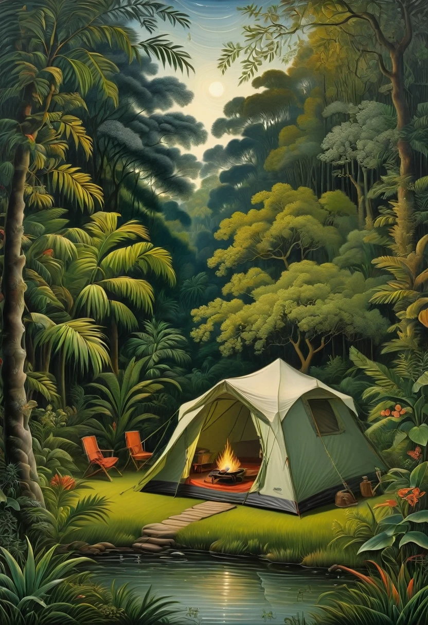 Outdoor Camping, by Henri Julien Félix Rousseau, best quality, masterpiece, very aesthetic, perfect composition, intricate details, ultra-detailed