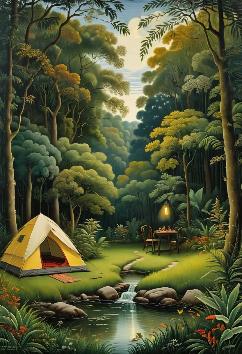 Outdoor Camping, by Henri Julien Félix Rousseau, best quality, masterpiece, very aesthetic, perfect composition, intricate details, ultra-detailed