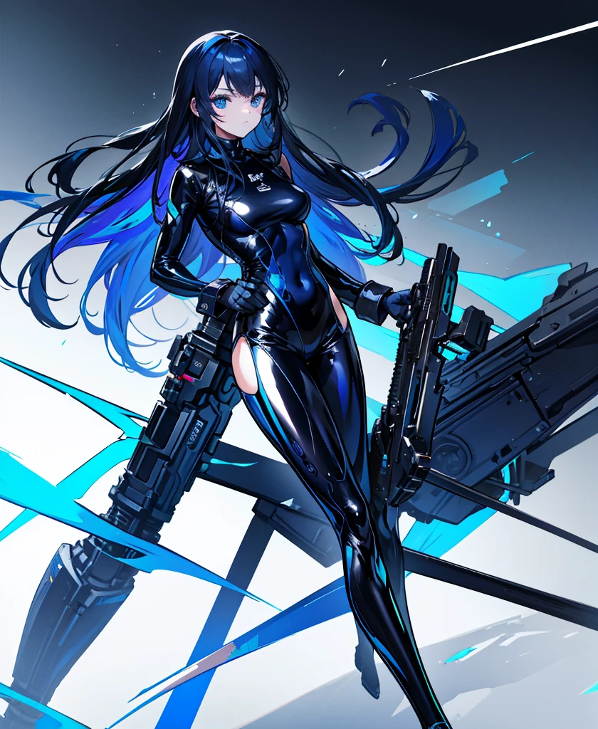 There is no background，girl，Carry a firearm，Patent leather tight suit，Use of firearms，Navy blue long hair，attention arousal，Blue colored eyes,No gradients