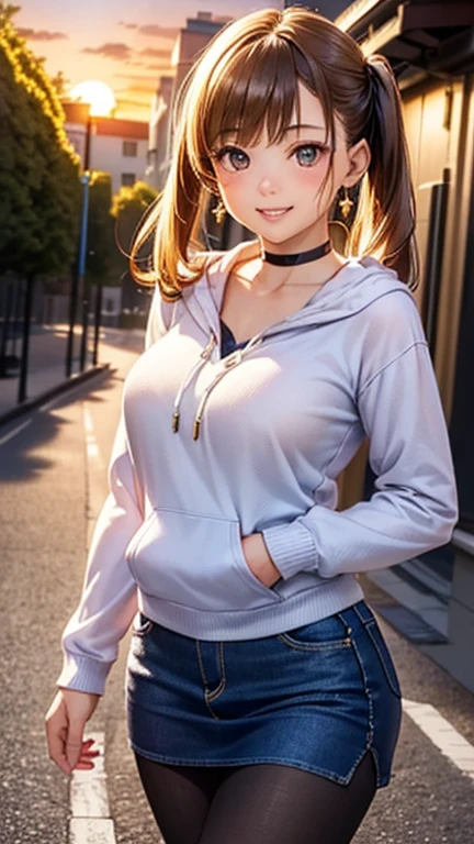 A girl is posing for a photo, cute女の子, Enchanting girl, 

(Blonde, Twin tails, blunt bangs, Red string ribbon), (Red eyes), 
(Navy blue hoodie:1.2, White Shirt, Denim mini skirt, red headband)、(Black Pantyhose, Brown Loafers), Black choker、Red Gem Earrings、

(((highest quality)), ((masterpiece)), (Very detailed), (High resolution), (Beautiful detailed sparkle), (High detail), (Anatomically correct)), ((Realistic)), ((The best CG)), Ultra-detailed art, CG illustration, 16k, 1080P, Oil paints:1.2,   

(((One Woman))), 
(Symmetrical facial features, Perfect Face), Beautiful clavicle, (Beautiful fingers), (Beautiful breasts, (Ｃcup)), 
Beautiful body, Beautiful thighs, Beautiful feet, Perfect round butt, (((Detailed skin, Oily skin, Textured skin, Beautiful Skin))), 

(((, cute, 16 s old) eyes, Expression of fine eyes, Beautiful and delicate eyes, Sparkling eyes, Eye Reflexes), 
(Beautiful Nose,Thin Nose), 
(Glossy Lips, Beautiful Lips, thick lips), 

(Beautiful Hair, Shiny Hair, Shiny Hair), Hair fluttering), 

(smiley, laughing, blush),  
BREAK 

(evening、(The school road illuminated by the setting sun, A slope with a view of the cityscape)), ((Walking, Upward glance, Cowboy Shot))
