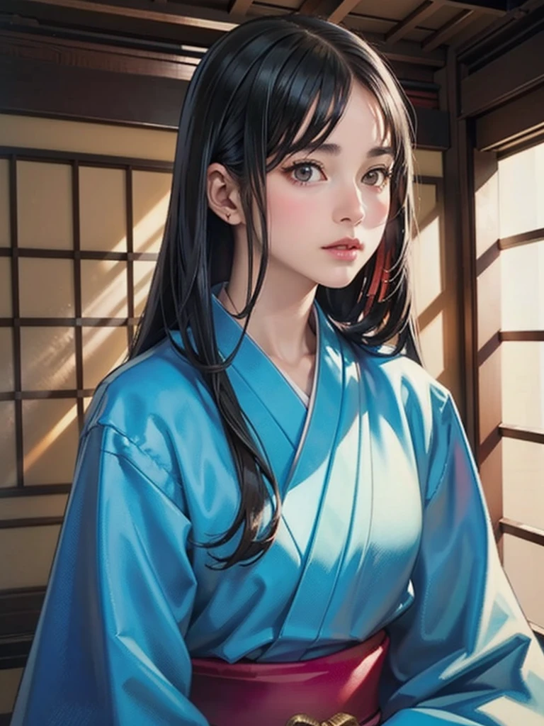 (highest quality、8k、32k、masterpiece)、(masterpiece,up to date,Exceptional:1.2), anime,One girl,Front hair,black_hair, Beautiful 8k eyes,Looking_in_Audience,One person in,Are standing,((Very beautiful woman, Fuller lips, Japanese pintern kimono))、((Colorful Japanese kimono)))、(((Medium Shot)))、Blunt bung、(High resolution)、Very beautiful face and eyes、1 girl 、Round and small face、Narrow waist、delicine body、(highest quality high detail Rich skin details)、(highest quality、8k、Oil paints:1.2)、Very detailed、(Realistic、Realistic:1.37)、Bright colors、(((blackhair)))、(((Long Hair)))、(((cowboy pictures)))、((( Inside an old Japanese house with a (short focus lens:1.4),)))、(masterpiece, highest quality, highest quality, Official Art, beautifully、aesthetic:1.2), (One girl), Very detailedな,(Fractal Art:1.3),colorful,Most detailed,Sengoku period(High resolution)、Very beautiful face and eyes、1 girl 、Round and small face、Tight waist、Delicine body、(highest quality high detail Rich skin details)、(highest quality、8k、Oil paints:1.2)、(Realistic、Realistic:1.37)、Greg Rutkowski Written by Alphonse Mucha Ropp,short ,uchikake,nishijin ori,(realistic light and shadow), (real and delicate background),(muted colors, dim colors, soothing tones:1.3), low saturation, (hyperdetailed:1.2), (noir:0.4),drow,blurry_light_background,lens flare, (vibrant color:1.2), cinematic lighting, ambient lighting,Single Shot,Shallow Focus,pink lip,blurry light background,ethereal background, cinematic shot, ,Retro Art-style,Shot with medium format camera,break pastel,perfect light,cartoon,anime,graffiti,guweiz style,head to thigh portrait