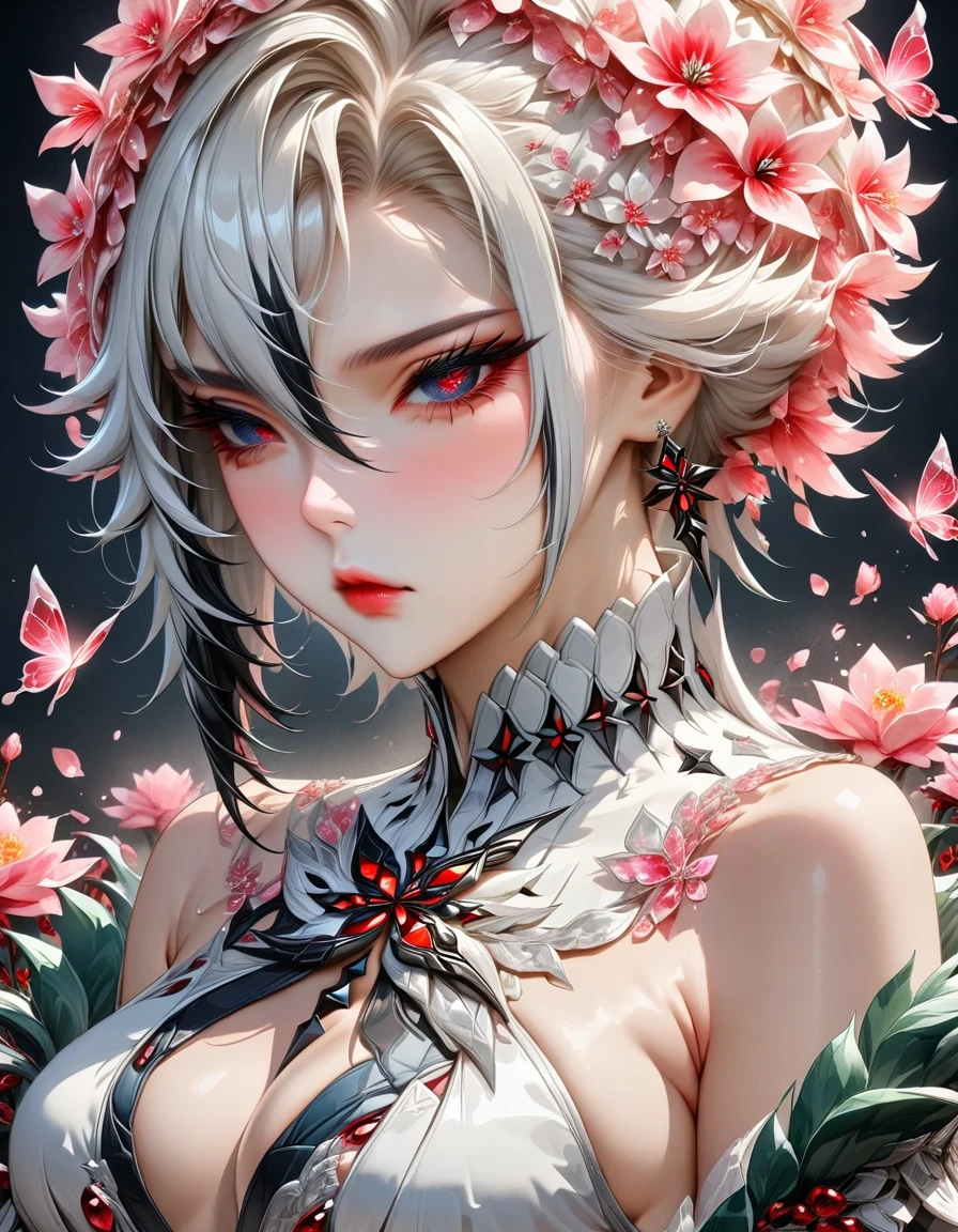 (absurdres, highres, ultra detailed, HDR) master piece, best quality, perfect face, Arlecchino, white hair, expressive red eyes, genshin impact, solo, woman, beautiful, pretty, white clothes, glass pink flowers, glass pink petals, glass pink butterflies, glass garden, glass blossoms, everything made with glass