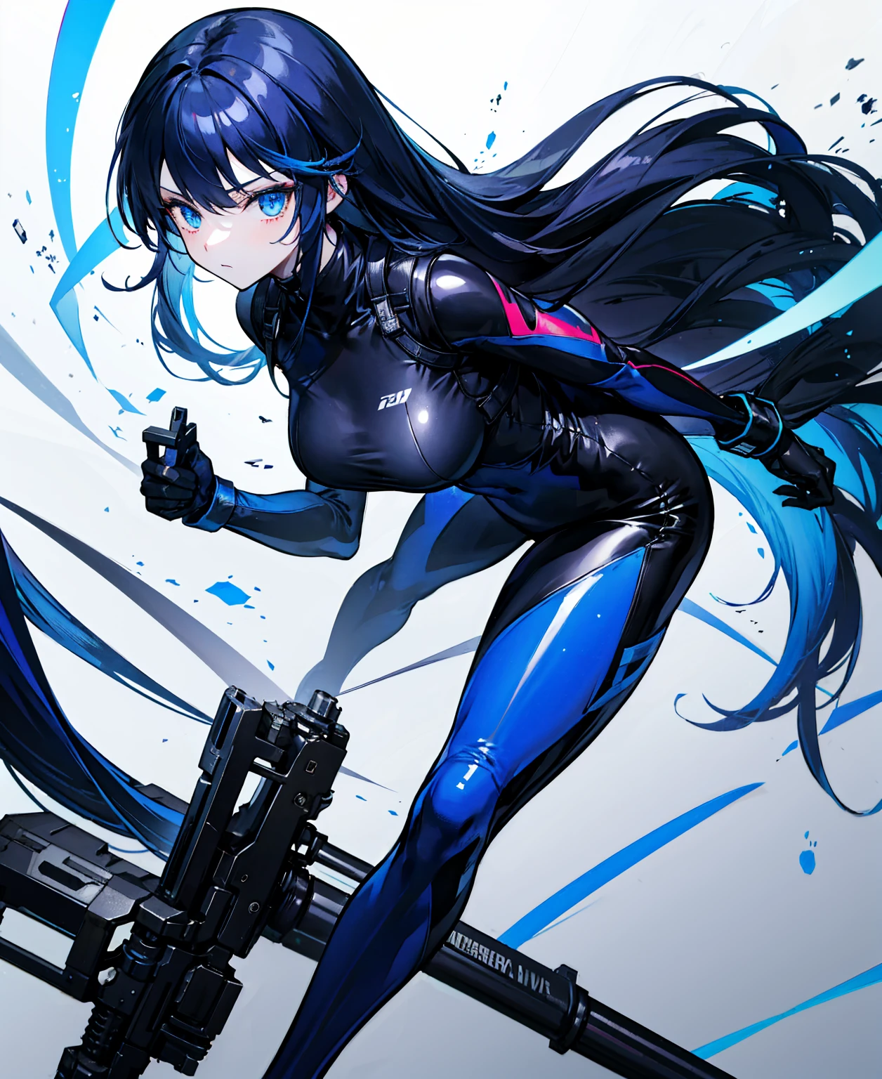 There is no background,girl,Carry a firearm,Patent leather tight suit,Use of firearms,Navy blue long hair,attention arousal,Blue colored eyes,No gradients