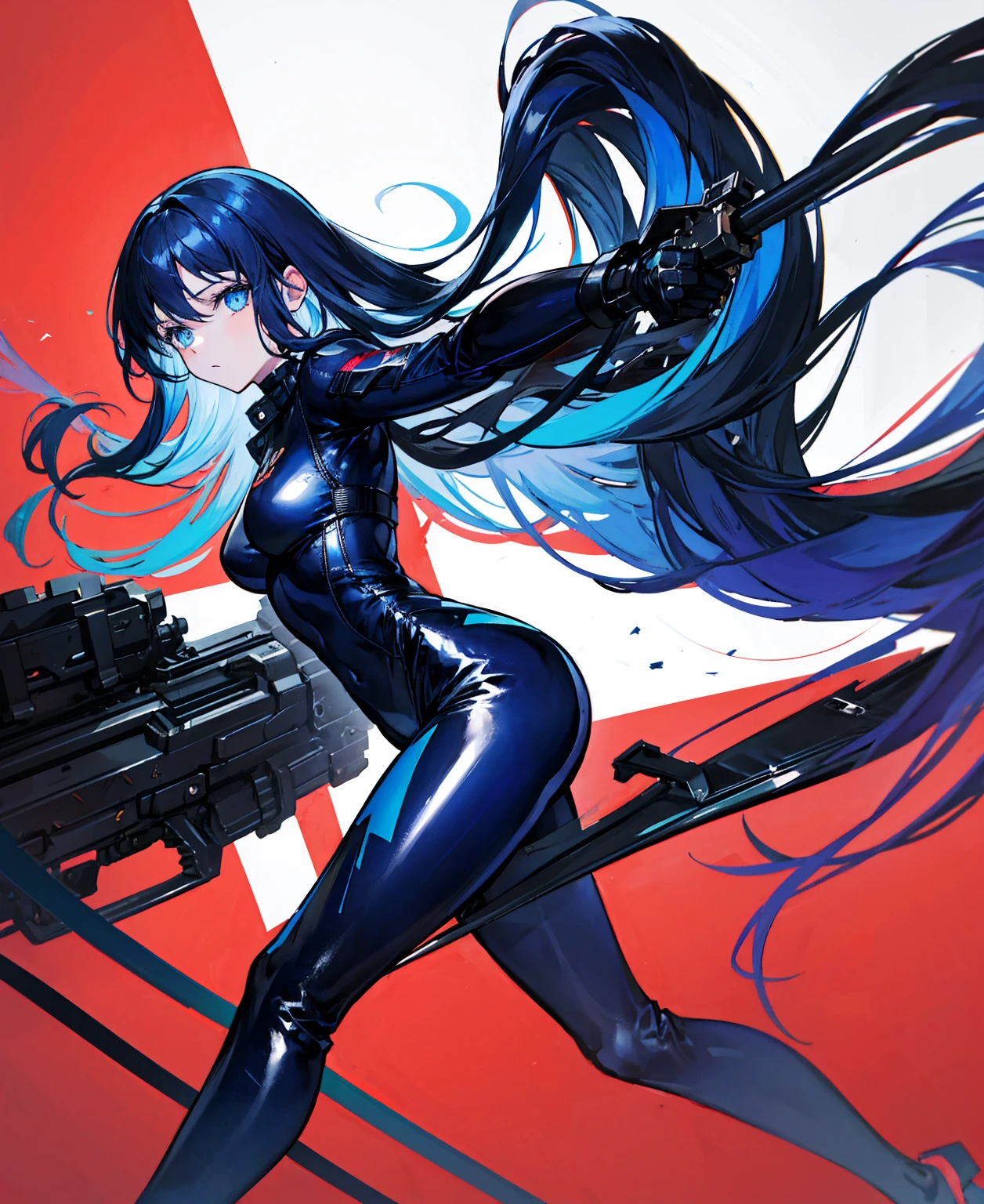 There is no background，girl，Carry a firearm，Patent leather tight suit，Use of firearms，Navy blue long hair，attention arousal，Blue colored eyes,No gradients