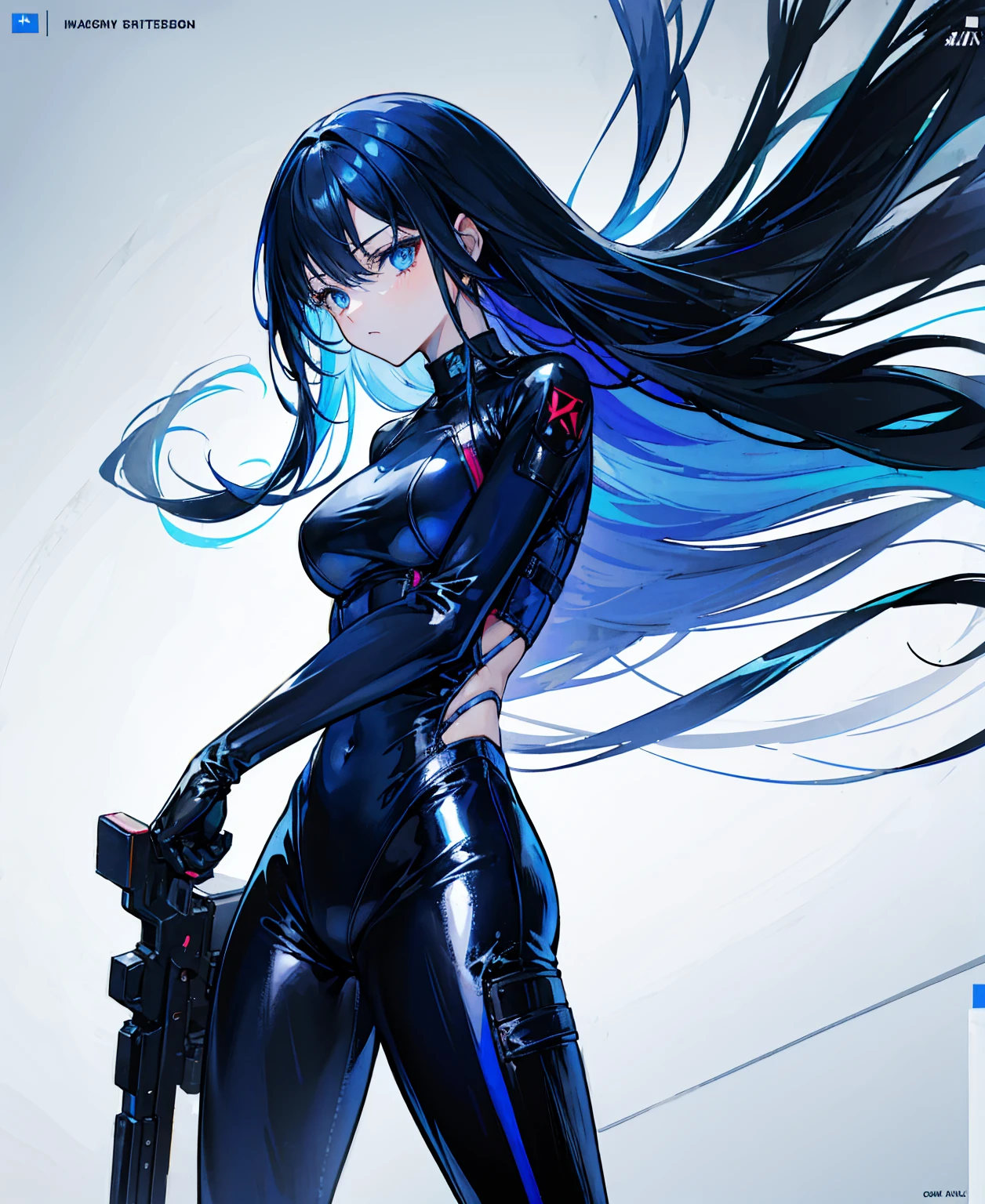 There is no background,girl,Carry a firearm,Patent leather tight suit,Use of firearms,Navy blue long hair,attention arousal,Blue colored eyes,No gradients