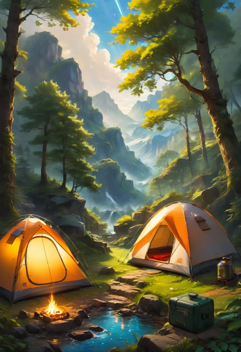 Outdoor Camping, by Krenz Cushart, best quality, masterpiece, very aesthetic, perfect composition, intricate details, ultra-detailed