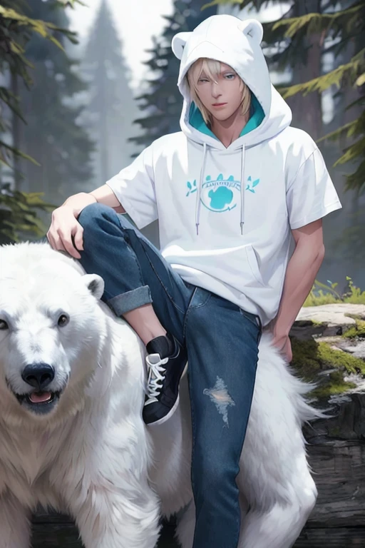 Masterpiece, Ultra realistic, high quality, 16k, Alone, adventure time, Finn (the human), furry white hood (over the head) with polar bear ears, a fringe appearing on his forehead showing that his hair is pale-blonde, blue eyes, tanned white skin (with freckles on the skin), heterochromia eyes, green backpack, faded turquoise shirt, long dark blue denim shorts, black sneakers, white socks showing, tree, high quality, 1 boy, different heroic poses, bedroom background, blurred background, depth of field, dreamlike atmosphere, vintage aesthetic,