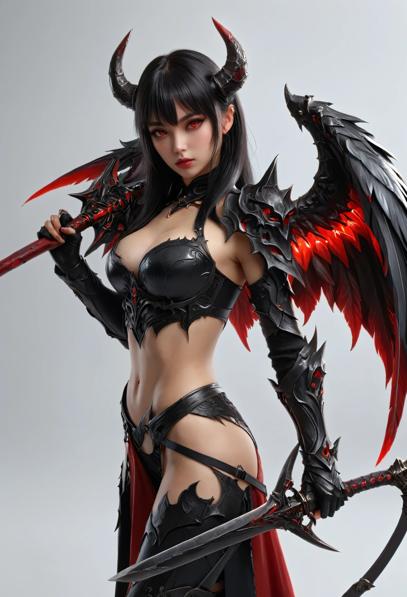 (best quality,4k,highres,masterpiece:1.2),ultra-detailed,(realistic,photorealistic:1.37),(highest quality), (detailed), Light Layer, Shiny skin, (intricate detailed, Tight clothes, Devil's Wings, hair ornaments:1.2), From above, Black Hair, Black choker, Long Hair, Hime cut, woman, Blunt bangs, Side Lock, Red eyes, Holding a walking stick,Holding a scythe,Holding a sword, (young woman:1.1), Side Ponytail  (Simple Background:1.1),  