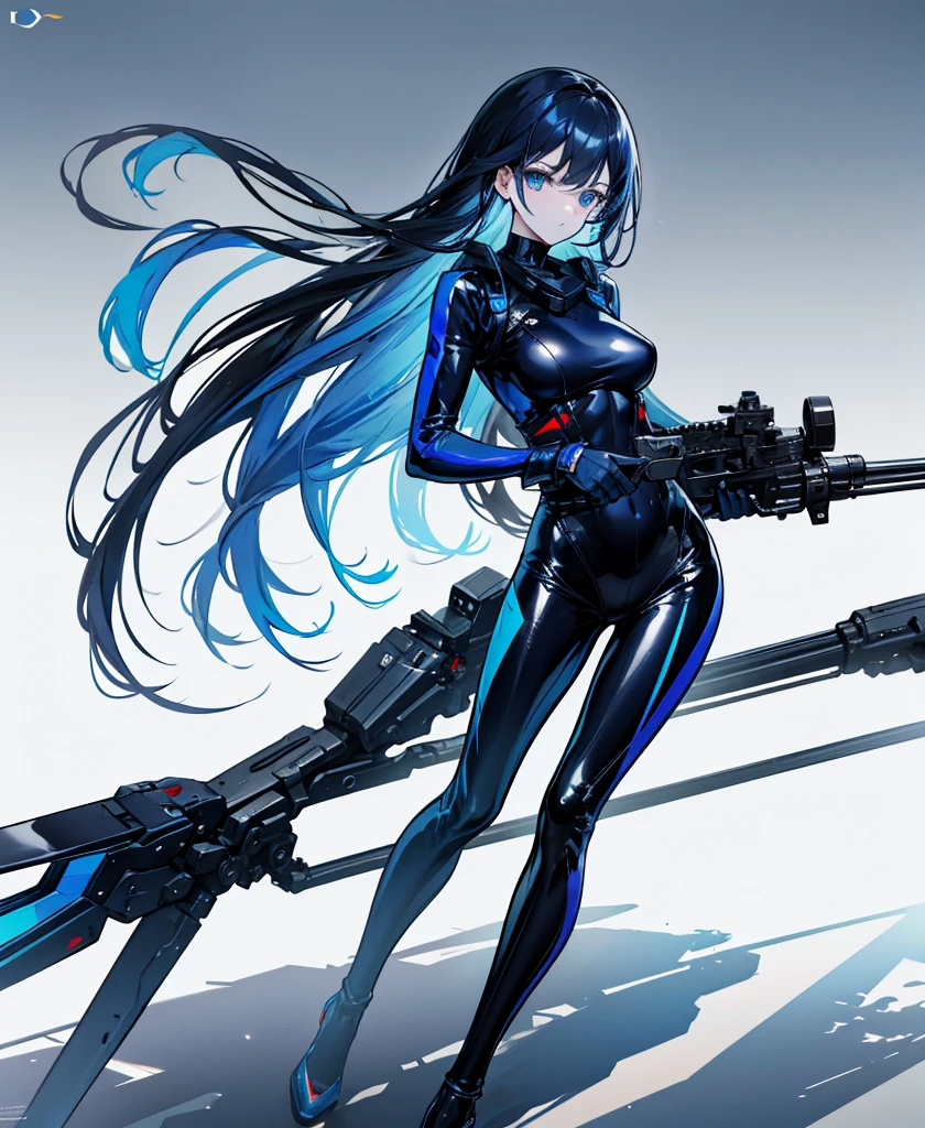There is no background，girl，Carry a firearm，Patent leather tight suit，Use of firearms，Navy blue long hair，attention arousal，Blue colored eyes,No gradients