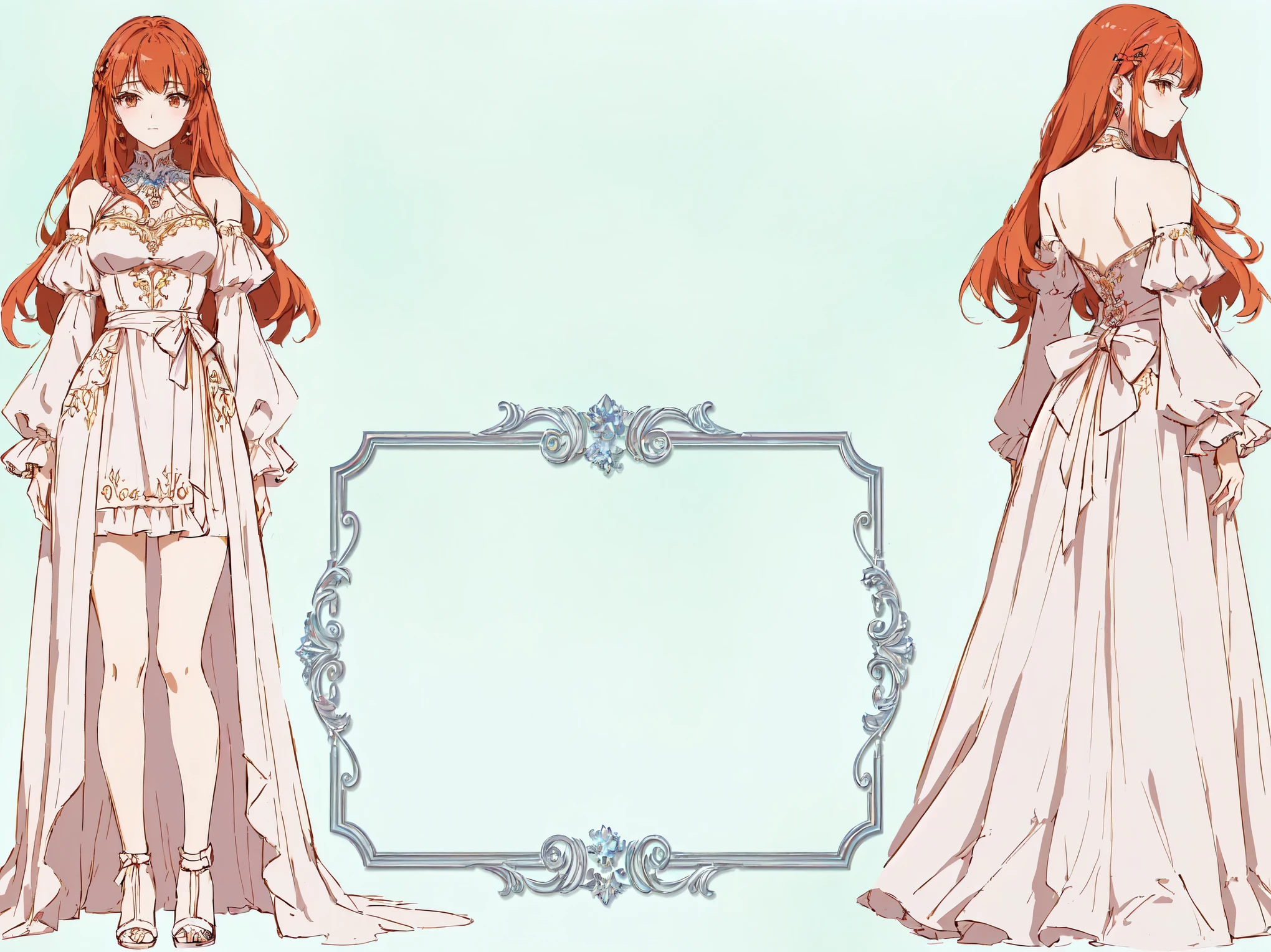 anime - style image of a woman in a long dress with a bow, ornate borders + conceptual art, Lulua Workshop, cute anime waifu in a beautiful dress, clear outfit design, royal elegant pose, Kushart Krenz Kay Art for women, Anime Full Body Illustration, anime key visual elegance, Official character art, Highly detailed official design, beautiful anime character design