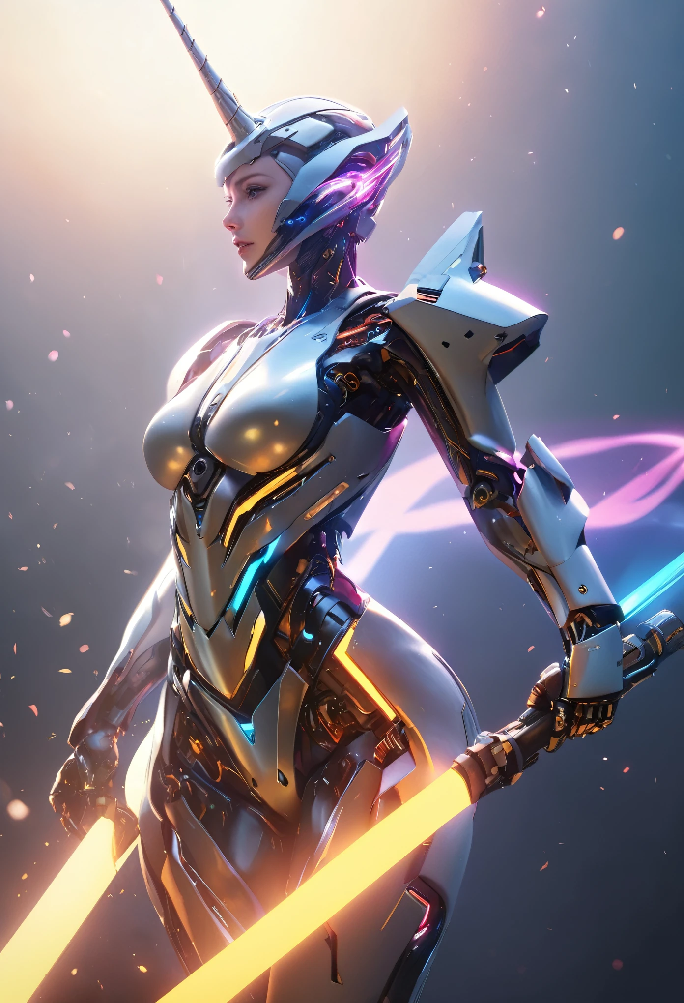 (best quality,4k,highres,masterpiece:1.2),ultra-detailed,(realistic,photorealistic:1.37), A breathtakingly beautiful female humanoid unicorn cyborg android, (a shimmering unicorn horn:1.8), porcelain skin, striking eyes, delicate features, futuristic sci-fi, intricate mechanical parts, glowing cybernetic implants, elegant and graceful pose, hyper-realistic, photorealistic, masterpiece, 8k, ultra-detailed, cinematic lighting, dramatic shadows, vivid colors, highly saturated, neon highlights, glowing energy fields, complex machinery, sleek and modern, cutting-edge technology, advanced AI, seamless integration of organic and mechanical elements