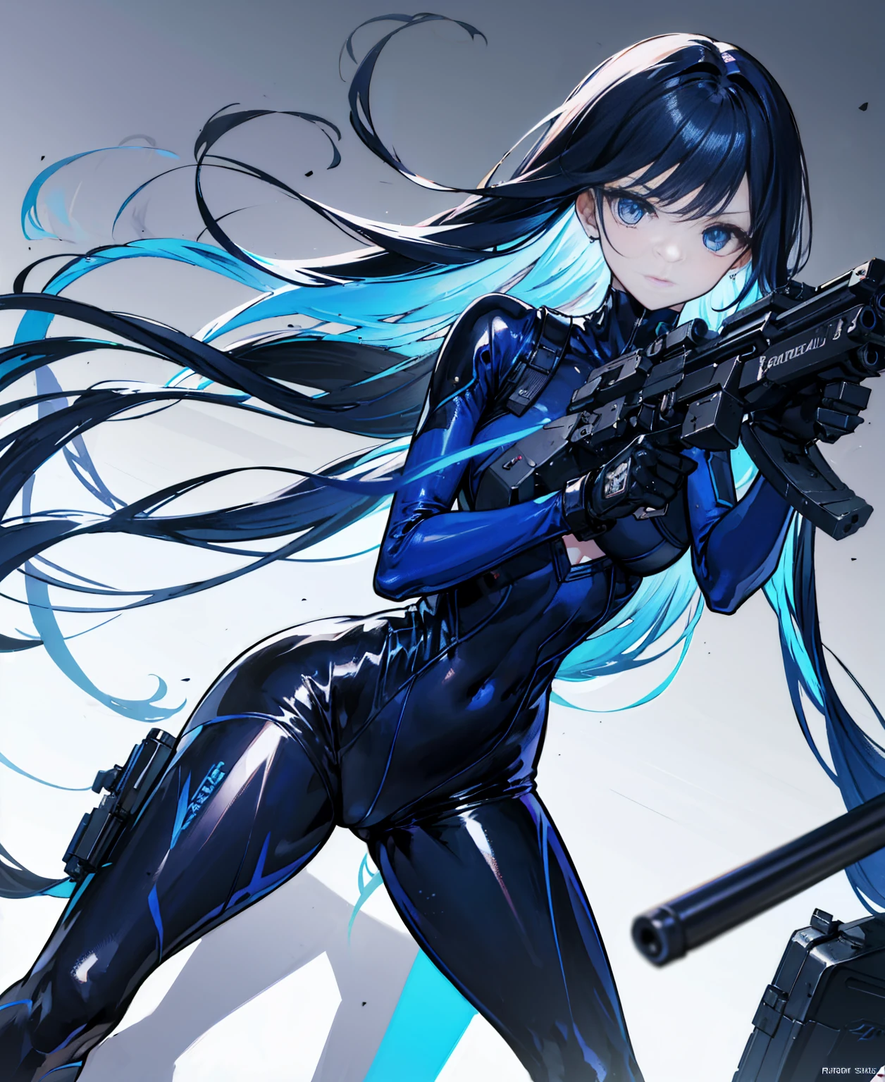 There is no background,girl,Carry a firearm,Patent leather tight suit,Use of firearms,Navy blue long hair,attention arousal,Blue colored eyes,No gradients
