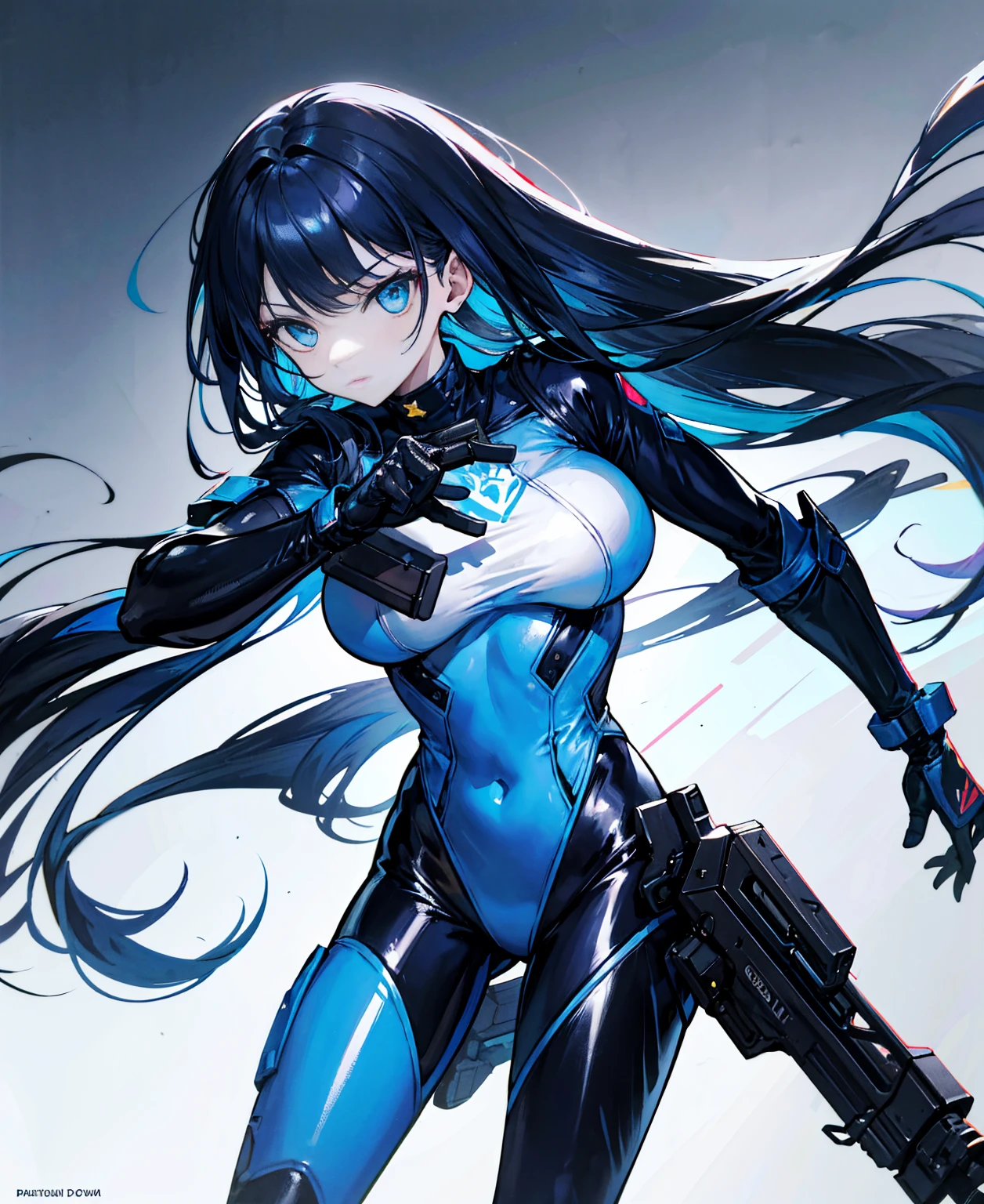 There is no background,girl,Carry a firearm,Patent leather tight suit,Use of firearms,Navy blue long hair,attention arousal,Blue colored eyes,No gradients