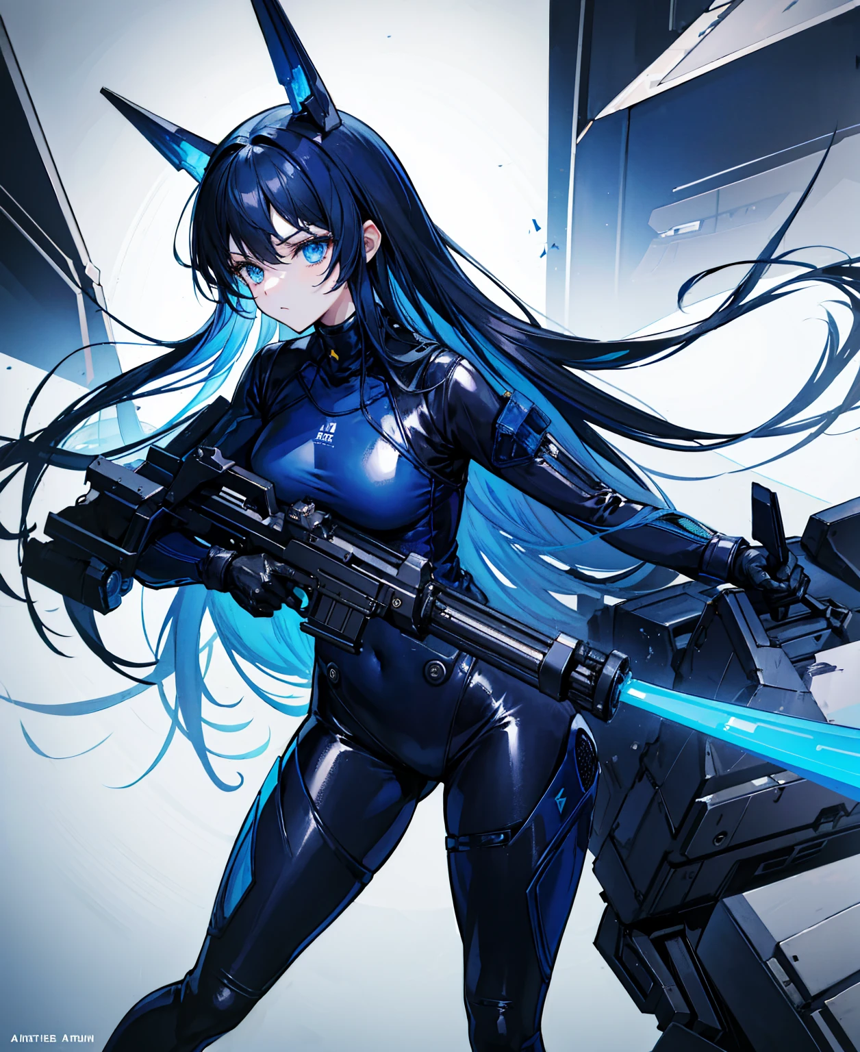 There is no background，girl，Carry a firearm，Patent leather tight suit，Use of firearms，Navy blue long hair，attention arousal，Blue colored eyes,No gradients