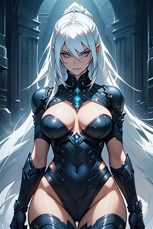 With the unique allure of palladium, the female guard (curvaceous, stark lighting, menacing) captivates those around her with her innovative spirit and adaptive nature. Her ability to thrive in ever-changing environments makes her as invaluable as this precious metal. intricately detailed, intricately textured