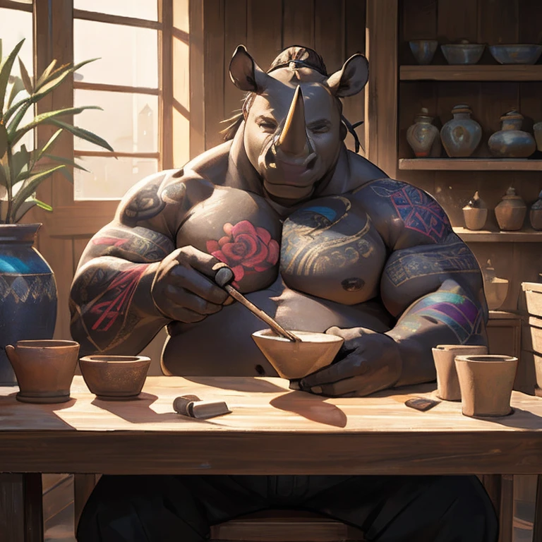 fat male rhinoceros, full sleeve colorful tattoos on both arms, torso covered in colorful tattoos, small ponytail, mid 40s, naked, black pants, no shirt, doing pottery, highly detailed, photorealistic, cinematic lighting, dramatic shadows, vibrant colors, 8k, award winning digital art