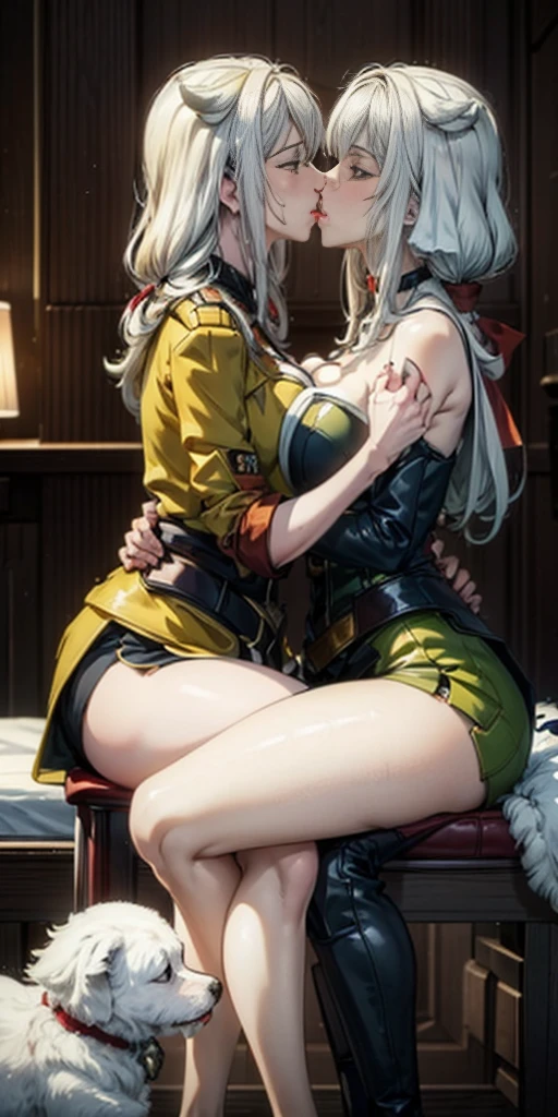 masterpiece, best quality, Selvaria Bless (long white hair) french kiss to Roxanne (Demikin fluffy dog ears) 2girlskiss (Selvaria and Roxanne french kiss each other) kissing each other, red bennie, sitting full body on bed clenched fists hands on waist, strong abs