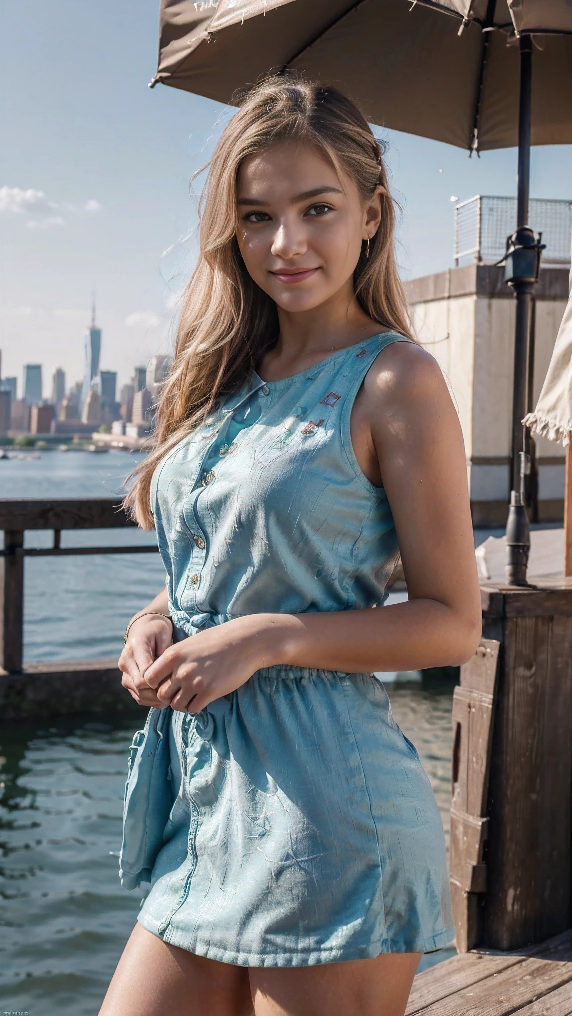 (statue of liberty, New York city background ), (realistic photo of a beautiful teenager blonde, using casual lookbook), (14 year old), (classic top model pose), (Looking at Viewer), (cute smile), (bright eyes), (best quality,4k,8k,16k,32k,64k,Highest,masterpiece:1.3),(realistic,photo-realistic,photorealistic:1.4), (extremely detailed CG unit 64k wallpaper), 64k UHD, 64k HDR, sharp focus Fujifilm XT3, professional lighting, vivid colors, intricate details, film grain, RAW Photography, digital SLR camera, Fujifilm XT3 Realistic painting art, f5.6, (ultra high definition, hyper-realistic, highly detailed, high quality),